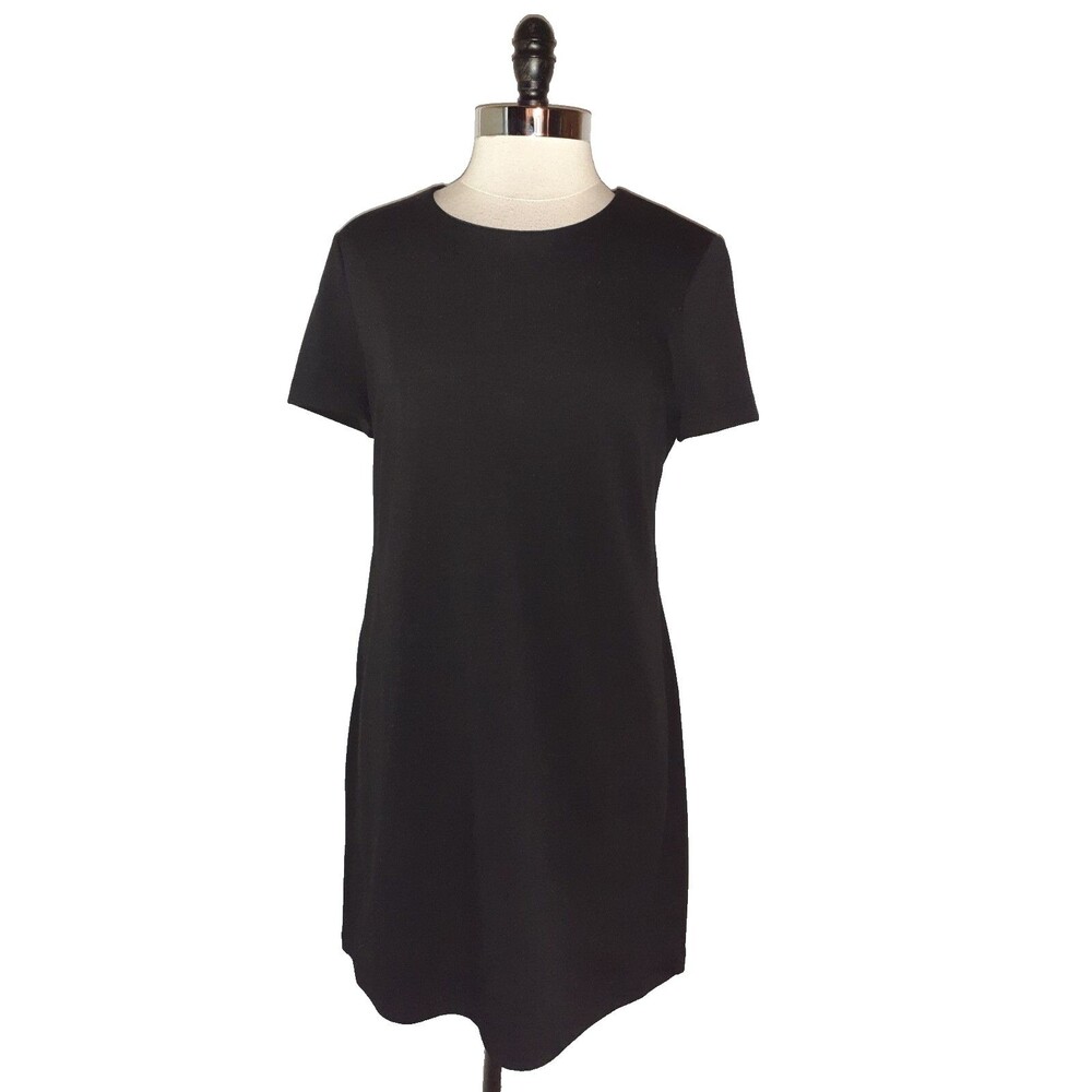 CALVIN KLEIN Size 12 Shift Dress Black Short Sleeve Gold Zipper Pockets Stretch